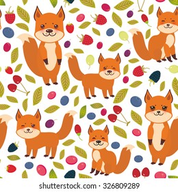 seamless pattern cute kawaii  fox, Cherry Strawberry Raspberry Blackberry Blueberry Cranberry Cowberry Goji Grape  isolated on white background. Vector