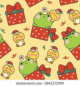 Seamless pattern of cute kawaii frog and little chicks with red gift box. Merry Christmas and happy holidays wrapping paper background. Cartoon doodle animal amphibians and bird. vector illustration