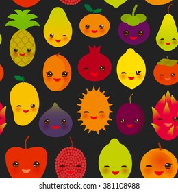 seamless pattern cute kawaii fruit Pear Mangosteen tangerine pineapple papaya persimmon pomegranate lime apricot plum dragon fruit figs mango peach lemon lychee apple kiwano black background. Vector
