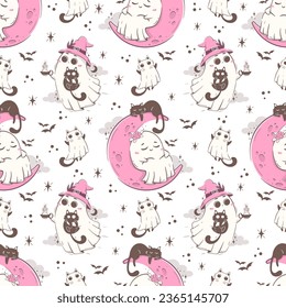 Seamless pattern with cute kawaii ghosts and cats. Children's holiday concept. Halloween character vector illustration in pink retro colors