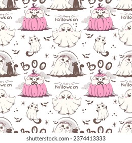 Seamless pattern with cute kawaii ghosts and cats. Children's holiday concept. Halloween character vector illustration in pink retro colors