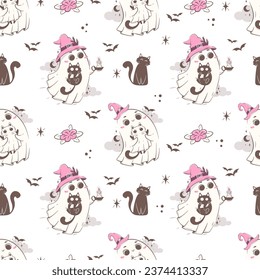 Seamless pattern with cute kawaii ghosts and cats. Children's holiday concept. Halloween character vector illustration in pink retro colors