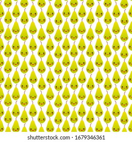 Seamless pattern with cute Kawaii  green pear with wink eyes and pink cheeks, isolated on white background trend of the season. Can be used for Gift wrap fabrics, wallpapers, food packaging. Vector