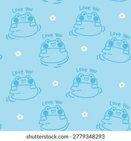 Seamless pattern of cute kawaii green frog peeking out from behind rocks and floating lily pads in a water pond background. Animal amphibians doodle style character is for nature themed designs, digital stickers, children educational materials, scrapbooking, and greeting cards.
