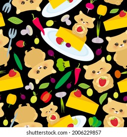 Seamless pattern cute kawaii hamster with fresh Strawberry, cheese, radish, mushrooms, cucumber, chili, broccoli, black background. For gift wrap, fabrics, wallpapers. Vector