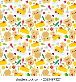 Seamless pattern cute kawaii hamster with fresh Strawberry, cheese, radish, mushrooms, cucumber, chili, broccoli on mauve, white background. For gift wrap, fabrics, wallpapers. Vector