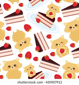 seamless pattern cute kawaii hamster with fresh Strawberry, cake decorated pink cream and chocolate icing, piece of cake on the blue plate, pastel colors on white background design. Vector