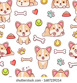 Seamless pattern, cute kawaii hand drawn corgi doodles, print