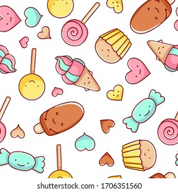 Patrón sin inconvenientes, doodles dulces dibujados a mano en kawaii, impresos