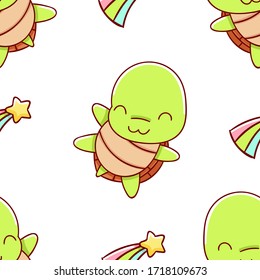 Seamless pattern, cute kawaii hand drawn turtle doodles, print