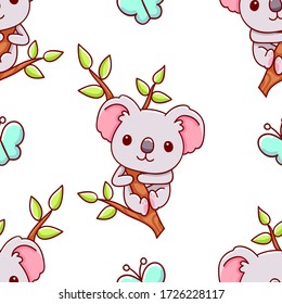 Seamless pattern, cute kawaii hand drawn koala doodles, print