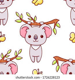 Seamless pattern, cute kawaii hand drawn koala doodles, print