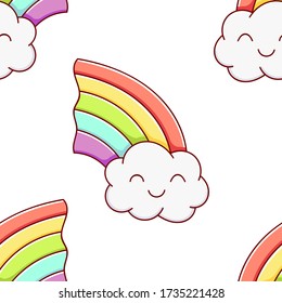 Seamless pattern, cute kawaii hand drawn rainbow doodles, print