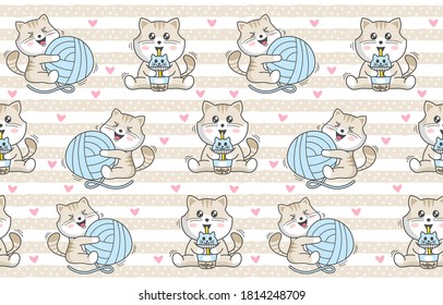 Seamless pattern with a cute kawaii happy cat.