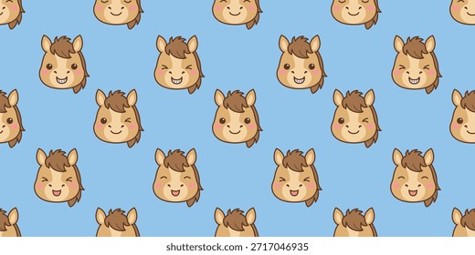Patrón inconsútil de la caricatura linda de la cara del caballo de Kawaii, Ilustración vectorial