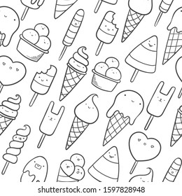 Seamless pattern with cute kawaii ice cream in doodle style. Various ice cream in waffle. Easy to change colors inside of objects.