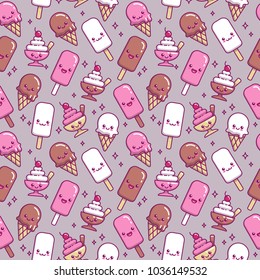 Seamless pattern with cute kawaii icecream characters. Sweet childish texture. Vector illustration.