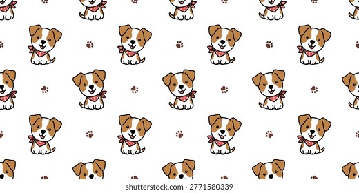 Seamless pattern of cute kawaii jack russell terrier with a scarf sitting cartoon, vector illustration