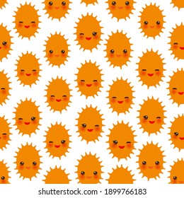 Seamless pattern with cute Kawaii kiwano fruit with wink eyes and pink cheeks, isolated on white background trend of the season. Can be used for Gift wrap fabrics, wallpapers, food packaging. Vector