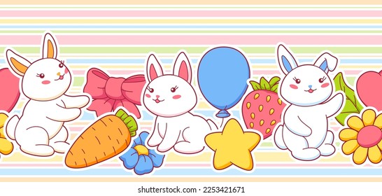 Seamless pattern with cute kawaii little bunnies. Funny characters and decorations in cartoon style.