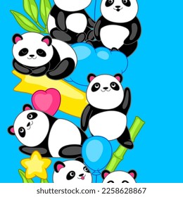 Seamless pattern with cute kawaii little pandas. Funny characters and decorations in cartoon style.