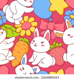 Seamless pattern with cute kawaii little bunnies. Funny characters and decorations in cartoon style.