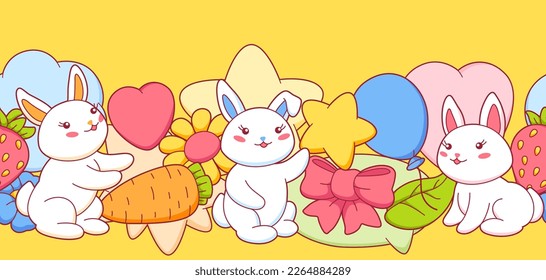 Patrón sin foco con lindos conejitos kawaii. Personajes divertidos y decoraciones al estilo de las caricaturas.
