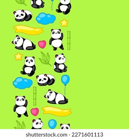 Seamless pattern with cute kawaii little pandas. Funny characters and decorations in cartoon style.
