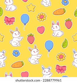 Patrón sin foco con lindos conejitos kawaii. Personajes divertidos y decoraciones al estilo de las caricaturas.