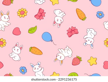 Seamless pattern with cute kawaii little bunnies. Funny characters and decorations in cartoon style.