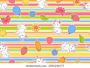 Seamless pattern with cute kawaii little bunnies. Funny characters and decorations in cartoon style.