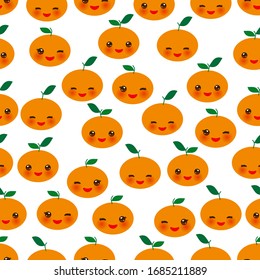 Seamless pattern cute Kawaii  mandarin orange with wink eyes and pink cheeks, isolated on white background trend of the season. Can be used for Gift wrap fabrics, wallpapers, food packaging. Vector