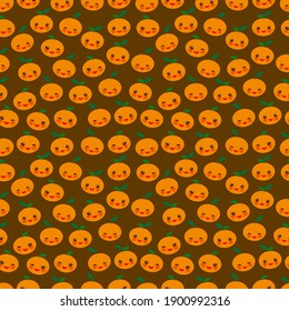 Seamless pattern cute Kawaii mandarin orange with wink eyes and pink cheeks, on brown background trend of the season. Can be used for Gift wrap fabrics, wallpapers, food packaging. Vector