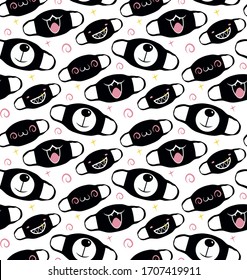 Seamless pattern cute kawaii mask in black color