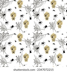 Nahtloses Muster mit süßem Kawaii-Mummy. Halloween-Hintergrund. Flache Bilder.
