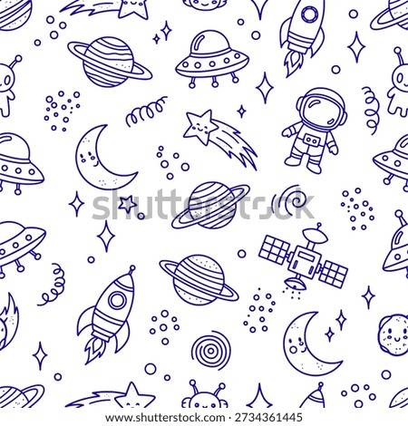 Seamless Pattern of Cute Kawaii Outer Space and Astronaut Doodles.