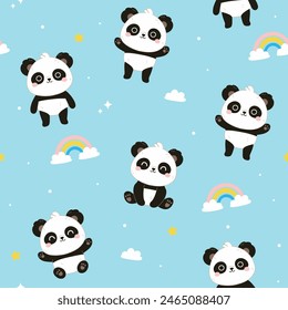 Seamless pattern with cute kawaii pandas, rainbows, clouds on a blue background. Vector graphics.