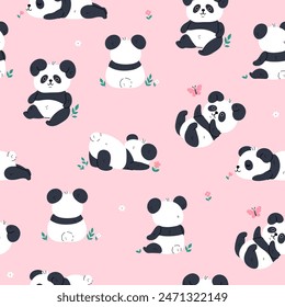 Patrón sin costuras con pandas kawaii lindos en un fondo rosa. Vector gráfico.