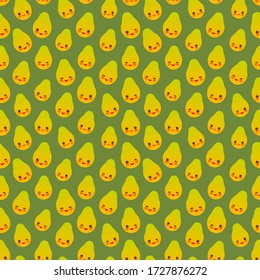 Seamless pattern with cute Kawaii papaya with wink eyes and pink cheeks, on green background trend of the season. Can be used for Gift wrap fabrics, wallpapers, food packaging. Vector