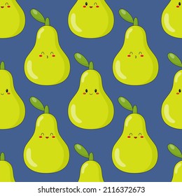 Seamless pattern of cute kawaii pear. Fruit print with different emotions of pear. Flat vector illustration.
