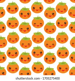 Seamless pattern with cute Kawaii persimmon with wink eyes and pink cheeks, isolated on white background trend of the season. Can be used for Gift wrap fabrics, wallpapers, food packaging. Vector