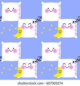 Seamless pattern, cute kawaii pillows on a blue background. Lovely flat design, primitive style. Cheerful white cushion and moon crescent. Universal print. Vector illustration EPS 8