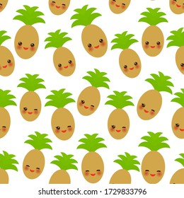 Seamless pattern with cute Kawaii pineapple with wink eyes and pink cheeks, isolated on white background trend of the season. Can be used for Gift wrap fabrics, wallpapers, food packaging. Vector