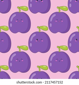 Seamless pattern of cute kawaii plum. Fruit print with different emotions of plum. Flat vector illustration.