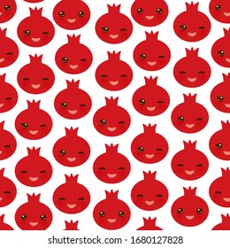 Seamless pattern with cute Kawaii  pomegranate with wink eyes and pink cheeks, isolated on white background trend of the season. Can be used for Gift wrap fabrics, wallpapers, food packaging. Vector