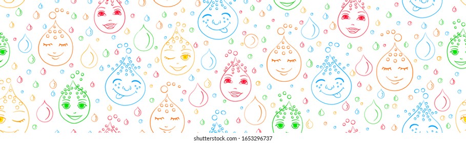 Seamless pattern of cute kawaii rain droplets of water with emotional colored faces on a white background.