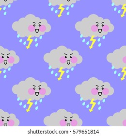 Seamless pattern, cute kawaii rainy clouds on a blue background. Lovely flat design, primitive style. Cheerful thundercloud. Universal print. Vector illustration EPS 8