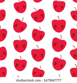 Seamless pattern with cute Kawaii red apple with wink eyes and pink cheeks, isolated on white background trend of the season. Can be used for Gift wrap fabrics, wallpapers, food packaging. Vector