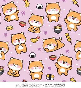 Seamless pattern of cute kawaii shiba inu dog characters cartoon with Japanese food background. Adorable puppy doodle cartoon with sushi, onigiri, and tempura on purple for fabric print.