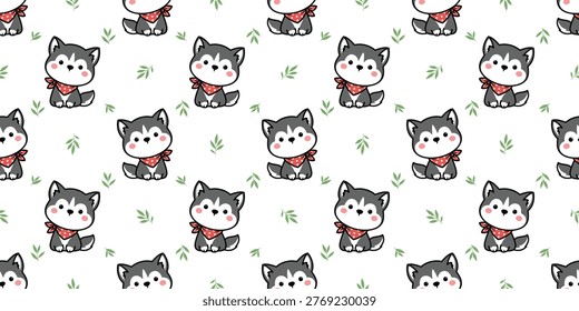 Seamless pattern of cute kawaii siberian husky with a scarf sitting cartoon, vector illustration